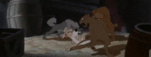 a group of dogs are standing next to each other on a dirt ground .