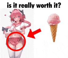 a picture of a girl next to a picture of an ice cream cone with the question " is it really worth it "