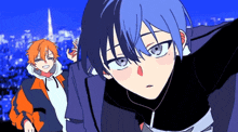 a couple of anime characters are standing next to each other in front of a city at night .
