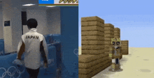 a man wearing a jacket that says japan walking next to a minecraft character