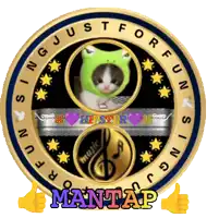a cat wearing a frog hat is in the center of a circle that says fun sing just for fun and mantap