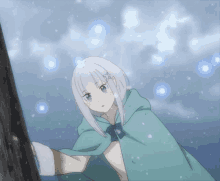 a girl with white hair wearing a blue cape