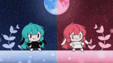 a cartoon of two girls standing next to each other with a moon in the background