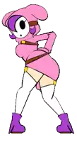 a cartoon character in a pink and purple outfit is standing with her hands on her hips .