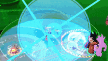 a cartoon character is flying through the air with a blue shield around him