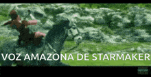 a man is riding a horse in a field with the words voz amazona de starmaker below him