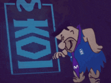 a cartoon character is standing in front of a sign that says skoo