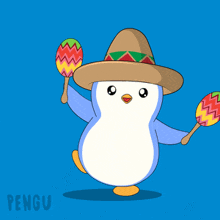 a penguin wearing a sombrero is holding maracas in its hands
