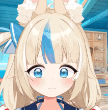 a close up of a blonde anime girl with blue eyes and ears