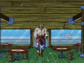 a cartoon of a man standing in a room with tables and windows .