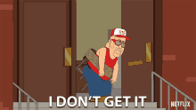 a cartoon of a man carrying a chair with the words i don 't get it below him