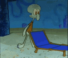 squidward from spongebob squarepants is sitting on a blue beach chair