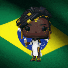 a funko pop of a woman holding a glass in front of the brazilian flag