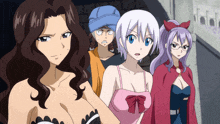 a group of anime characters standing next to each other with one wearing a red cape