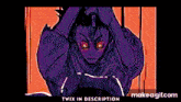 a drawing of a person with red eyes and purple hair