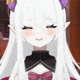 a close up of a anime girl with white hair and a purple flower on her head
