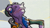 a cartoon drawing of a purple horse wearing headphones .