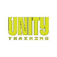 a logo for unity training in yellow letters on a white background