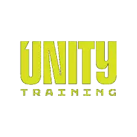 a logo for unity training in yellow letters on a white background