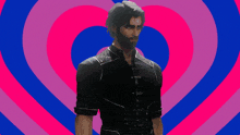 a man standing in front of a pink and blue heart