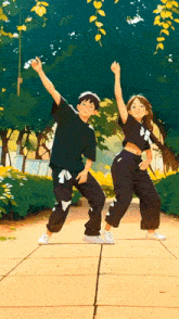 a boy and a girl are dancing on a sidewalk