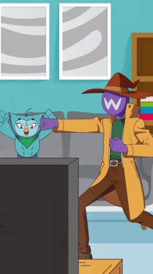 a cartoon character with the letter w on their face