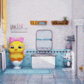 a bathroom with a duck on a toilet and the words sweet duck on the wall