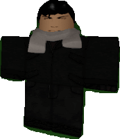 a cartoon character wearing a black jacket and a scarf around his neck