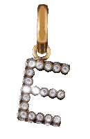 a gold letter e pendant with diamonds on it
