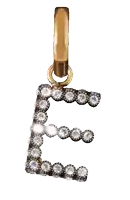 a gold letter e pendant with diamonds on it