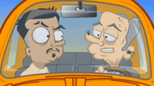a cartoon of two men in an orange car