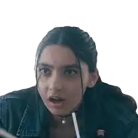 a girl wearing a choker and a denim jacket has her mouth open