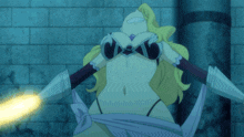 a naked anime character is holding a sword in a dark room