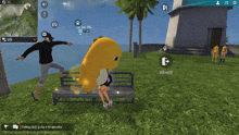 a screenshot of a video game shows a man standing next to a yellow object