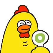 a cartoon chicken is holding a lollipop in its hand .