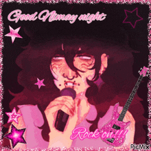 a cartoon of a girl singing into a microphone with the words good nimay night rock out