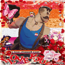 a man in a blue tank top is surrounded by anime characters and the words i love chappel roan