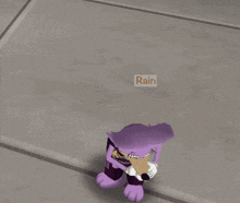 a purple cartoon rabbit with a sign that says rain on it