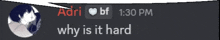a screenshot of a discord conversation between adri and her bf