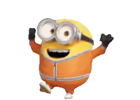 a yellow minion wearing goggles and an orange jacket is dancing