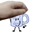 a hand is holding a mug with a face and arms .