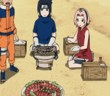 a group of anime characters are sitting around a table with a plate of food in front of them