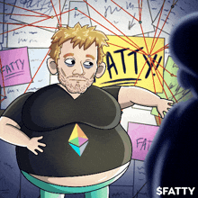 a fat man stands in front of a wall with a sign that says fatty on it