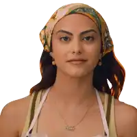 a woman wearing a scarf and a necklace that says ' gucci '