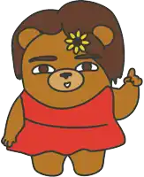 a brown teddy bear with a flower on his forehead is wearing a red dress