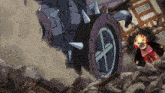 a cartoon character with flames on his head is standing in front of a large wheel with spikes on it
