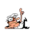 a pixel art drawing of a cartoon character holding up a fist