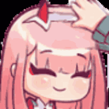 a pixel art illustration of a girl with pink hair and horns