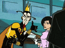 a cartoon of a man wearing a crown giving a thumbs up to a woman