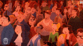 a crowd of people are watching a movie with a popcorn bucket in the background